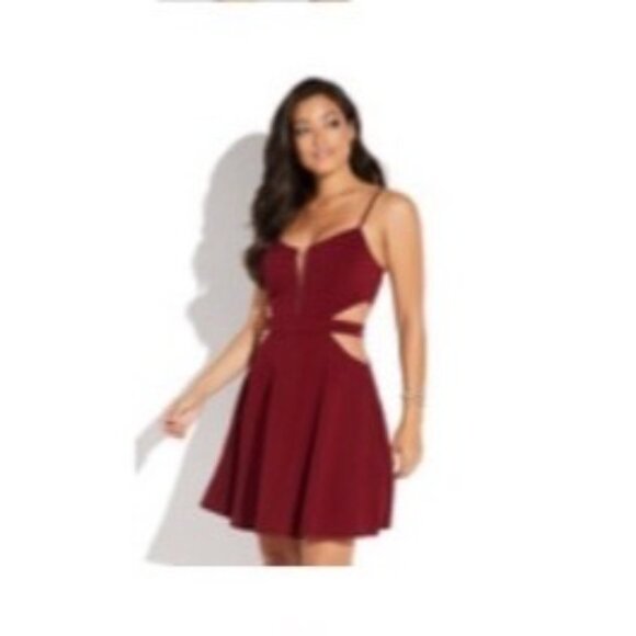 Mystic Burgundy Fit & Flare Dress Sheer Cutouts Adjustable Straps Small - Picture 1 of 8